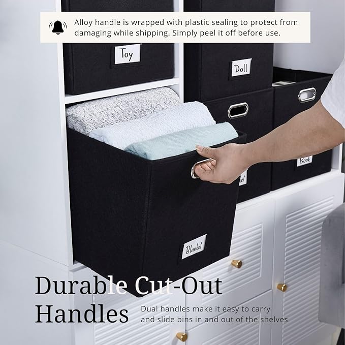 DECOMOMO Black Storage Bins 13x15x13 Storage Cube Bins with Labels, Felt Baskets for Organizing Shelves (Kallax / 4pcs, Felt Black)