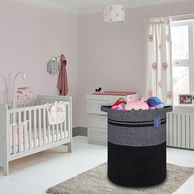 COMSE Extra Large Blanket Basket, Tall Laundry Basket, Nursery Hamper, 15.7âx 21.7â, Cotton Rope Woven Laundry Hamper for Storage Toys Clothes Towels, Black