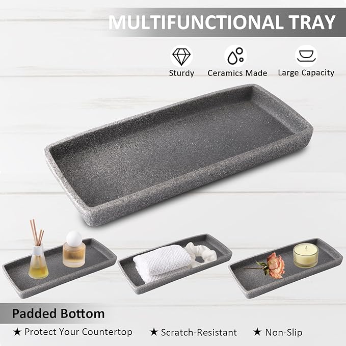 Resin 6 Pcs Gray Bathroom Set Complete with Toothbrush Holder, Lotion Soap Dispenser, 2 Qtip Holder Dispensers,Vanity Tray,Bathroom Tumbler - Countertop Vanity Organizer - Bathroom Accessories Set