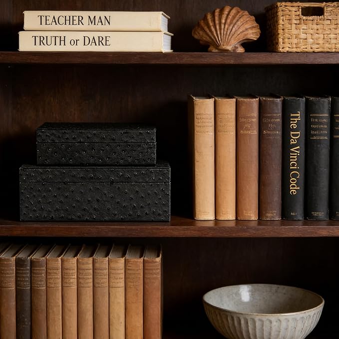 Decorative Storage Boxes Set of 2 Faux Ostrich Leather Decorative Boxes with Lids Large Nesting Jewelry Boxes, Photo Memory Box Modern Home Decor