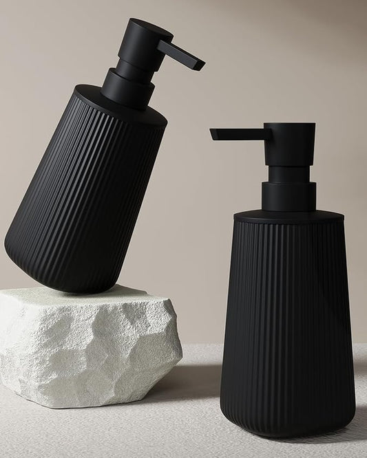 2Pcs Hand Soap Dispenser Bathroom, Small Dish Soap Dispenser for Kitchen, Black Bathroom Dispenser Set with Pump, Modern Soap and Lotion Dispenser Set of 2, Matte Black