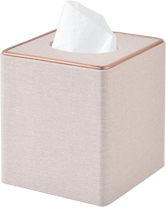 Linen Square Tissue Box Cover,Cube Tissue Box Holderï¼Excellent Rosegold Leather Decoration,Table Napkin Case Dispenser,Facial Tissues Organizer with Magnetic Bottom for Home Office Car(Beige)