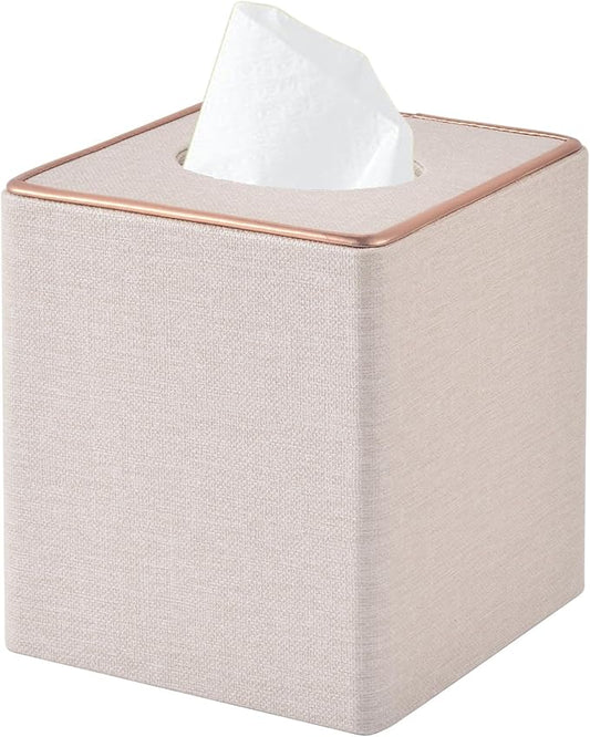 Linen Square Tissue Box Cover,Cube Tissue Box Holderï¼Excellent Rosegold Leather Decoration,Table Napkin Case Dispenser,Facial Tissues Organizer with Magnetic Bottom for Home Office Car(Beige)