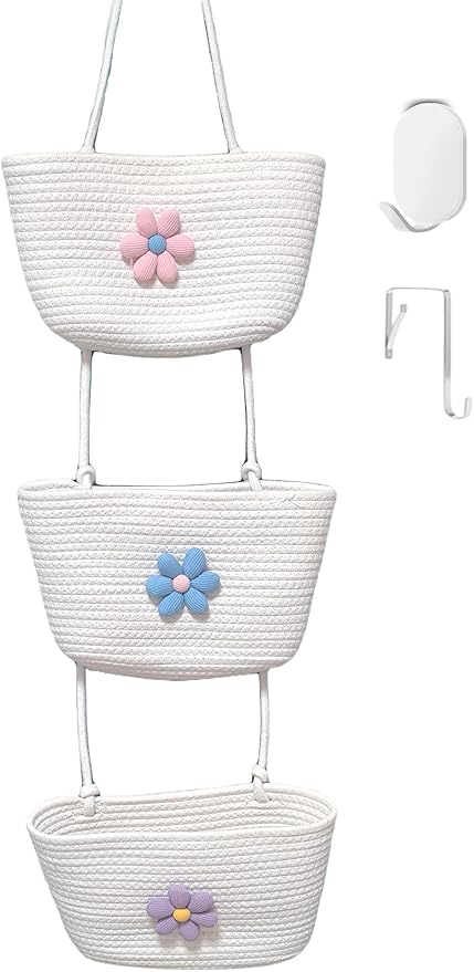 Nursery Must-Have! 3-Tier Cotton Hanging Baskets with Adorable Flowers - Soft Woven Storage for Baby Clothes, Toys & Essentials, Over-the-Door Organizer