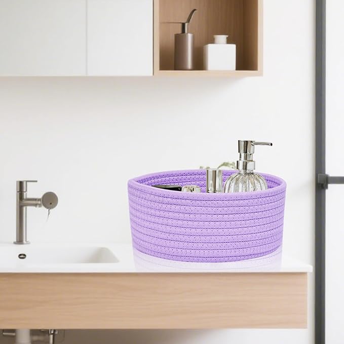 ABenkle Small Woven Basket, Empty Tiny Shallow Storage Basket, Mini Cotton Rope Baskets, Round Decorative Hamper, Basket Storage Bins for Toys, Spa, Socks, Nursery, Living Room