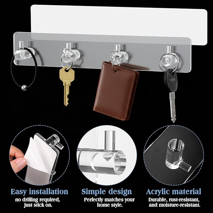 1 Pcs Adhesive Key Holder for Wall Acrylic Key Holder with 4 Hooks for Entryway, Door, Bathroom, Kitchen, Hang Keys, Hats, Dog Leashes, and Accessories (Transparent)