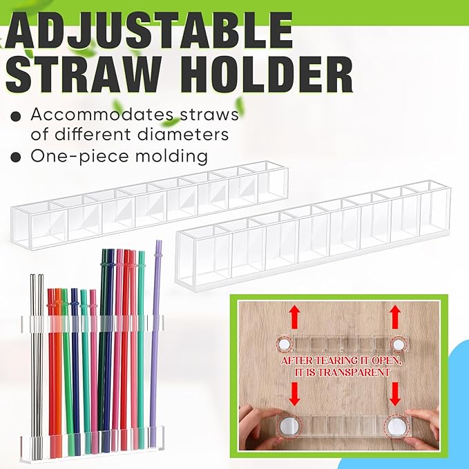 Baderke Straw Holder for Cabinet Reusable Straw Organizer with Double Sided Adhesive Tape Screws Storage Container for Kitchen Counter Cupboard(Clear,Novel)