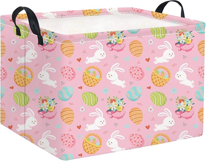 Rectangular Easter Basket for Home Kitchen Baby Girls Basket Cute Storage Bin Organizer Shelf Book Room Decor(Pink Bunny Egg)