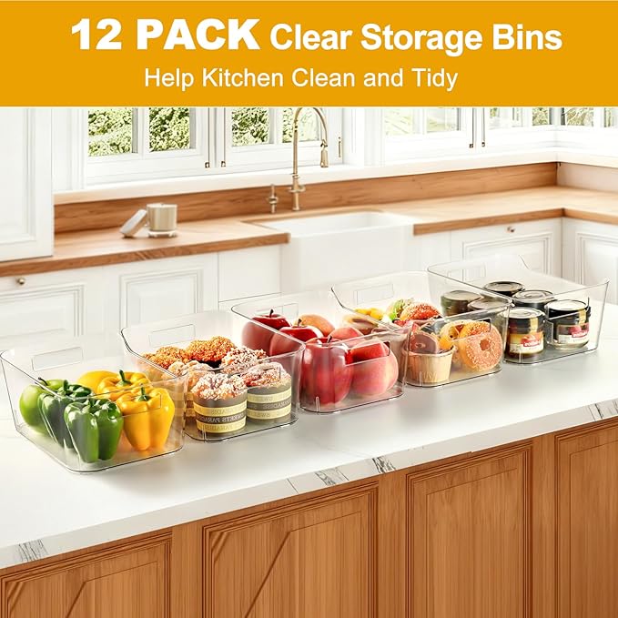 Hudgan 12 Pack Clear Pantry Organizer Bins, Plastic Storage Bins for Fridge, Plastic Pantry Organizer Containers for Home, Kitchen Cabinet, Bathroom Shelf, Under Sink and Drawers