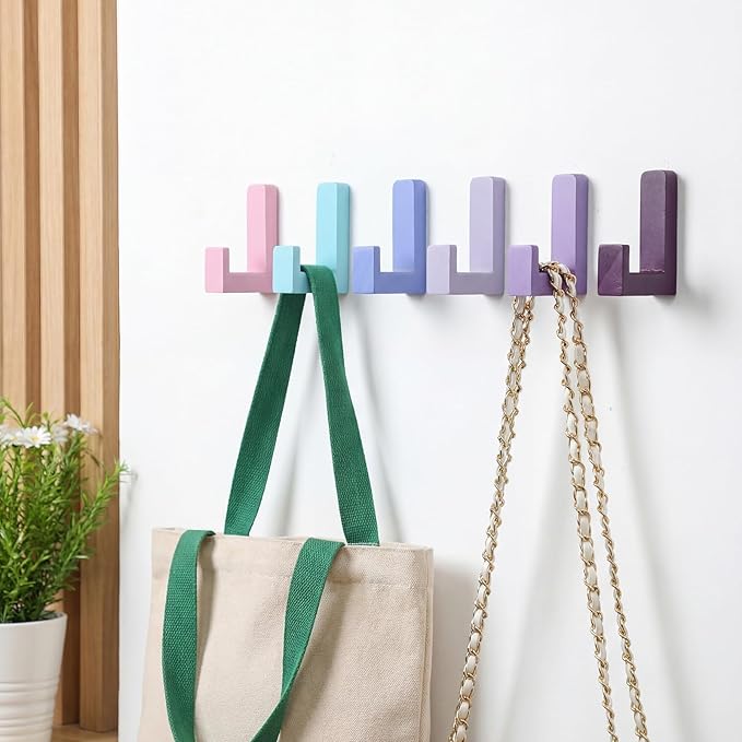 6 Pack Cute Kids Coat Wall Hooks Wooden Adhesive Decorative Colorful Wall Mounted Hangers Backpack Hooks for Hanging Keys Towel Clothes Bathroom Organization (Purple)