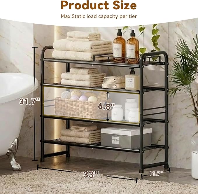 4 Tier Shoe Rack, 32.5" Wide Stackable Sturdy Metal Shoe Shelf Storage Organizer with Height-Adjustable for Entryway, Closet, Black