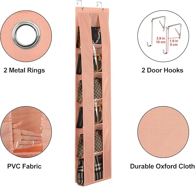 Lirex Over The Door Purse Organizer, Space-Saving Medium and Large Handbag Storage Organizer Clothing Closet Hanger, Light Pink
