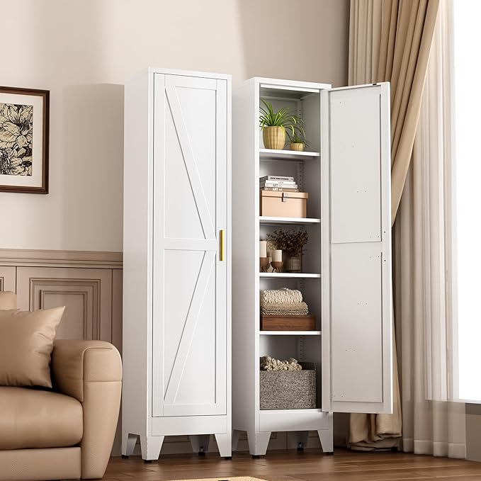 White Narrow Metal Storage Cabinet, Tall Freestanding Cabinet with 4 Adjustable Shelves & Barn Doors, Pantry Organizer for Bathroom Kitchen Home Office Dining Room（1PC,White）