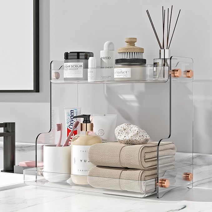 2 Tier Bathroom Countertop Organizer with Adhesive Support, Vanity Storage Rack for Skincare, Perfume & Makeup, Bathroom Counter Organizer Shelf, Space Saving for Bathroom, Kitchen, Coffee Bar