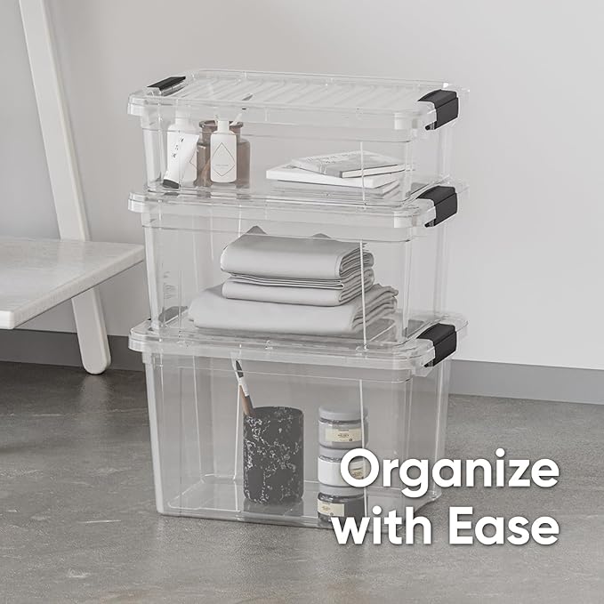 Superio Clear Storage Box with Lid, 8.7 Quart Plastic Container Bins for Organizing, Stackable Crates, BPA Free, Non Toxic, Odor Free, Organizers for Home, Office, School, and Dorm
