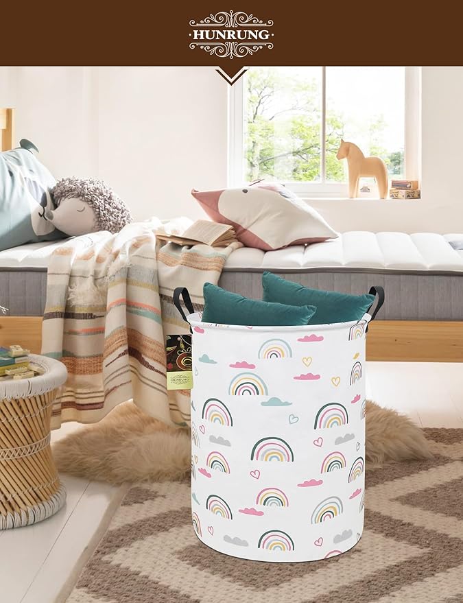 HUNRUNG Laundry Hamper,Large Canvas Fabric Lightweight Storage Basket Toy Organizer Dirty Clothes Collapsible Waterproof for College Dormsï¼Round-Rainbowï¼