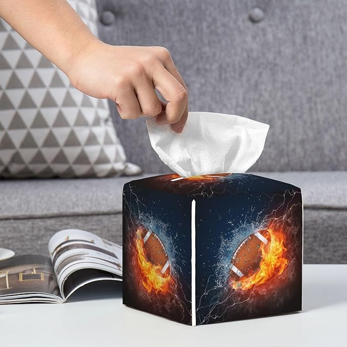 American Football in Fire and Water Tissue Box Cover Leather Tissue Box Holder Square Facial Paper Organizer Dispenser for Bathroom Kitchen Bedroom Vanity Countertop Night Stands