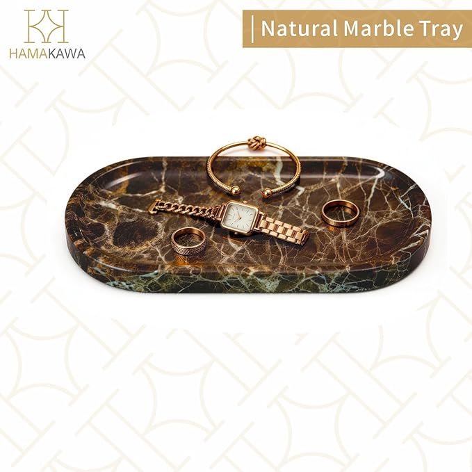 Bathroom Vanity Tray, Natural Marble Oval Tray 10 inch, Emperador Dark Marble Vanity Tray for Soap Dispenser Modern Countertop Organizer for Kitchen Countertops, Home Decor