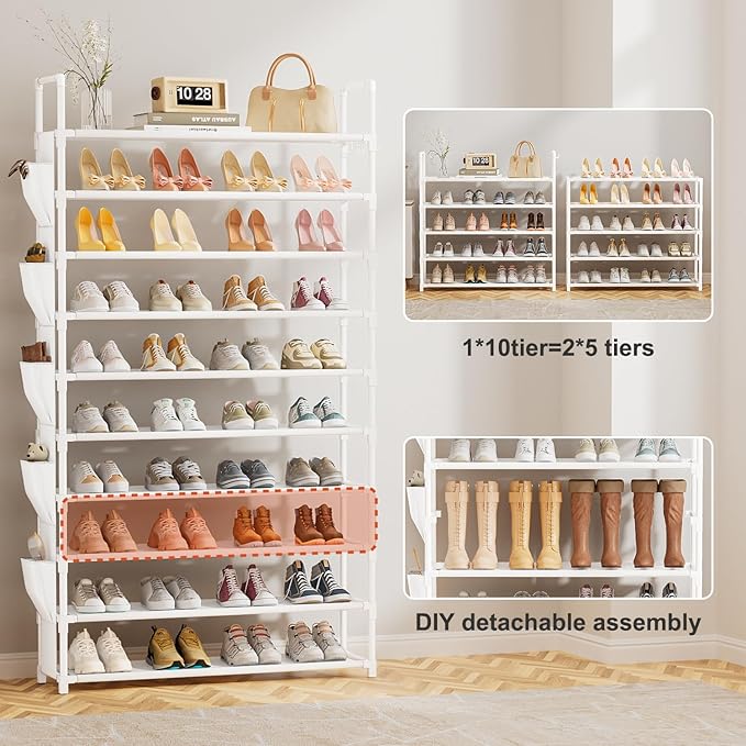 Tall Shoe Rack 10 Tier Shoe Racks Organizer for Closet 40-45Pairs,Large Capacity Storage Rack for Shoes with 5Hooks,Sturdy Metal Shoe Shelf, Vertical Shoe Stand Tower