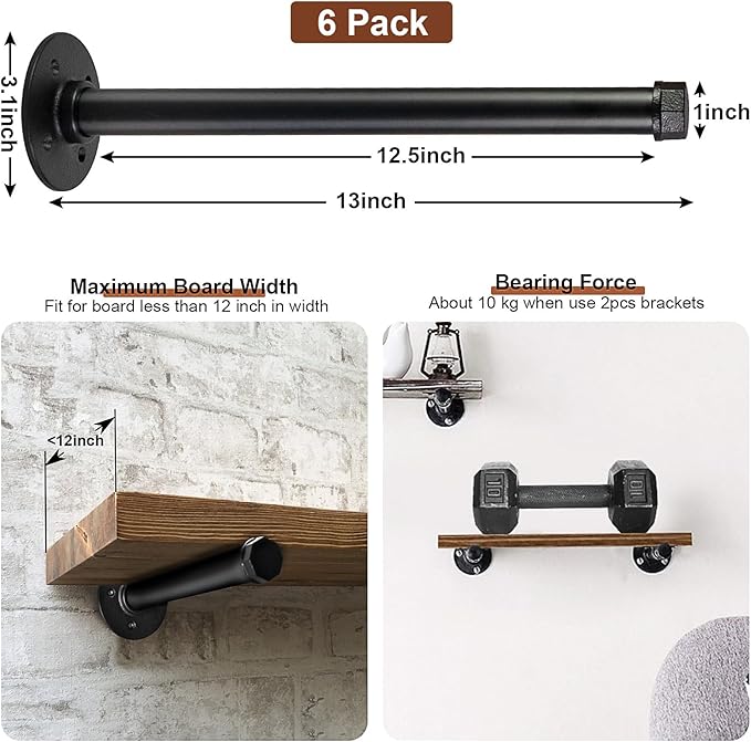 6 Pcs Industrial Pipe Clothes Bar 12 Inch - Wall Mount Clothing Rack - Face Out Wall Clothing Rods for Commercial Retail Boutique Shirt Display