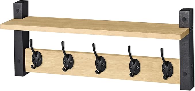 Sorbus Coat Hooks Wall Mount with Shelf – 24 Inch Coat Rack Wall Mount with 5 Heavy Duty Hooks – Floating Wall Shelf with Hooks for Entryway, Bathroom, Bedroom, Kitchen, or Mudroom (Maple Wood)