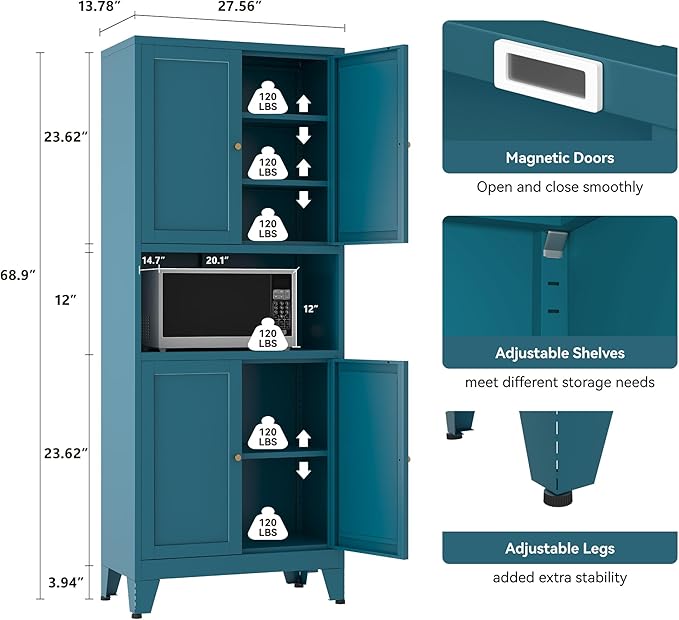 69" Tall Metal Pantry Cabinet with Microwave Shelf,Microwave Storage Cabinet with 4 Doors & 3 Adjustable Shelves,Metal Cabinet with Storage for Kitchen Dining Room Living Room(1PC,Blue)