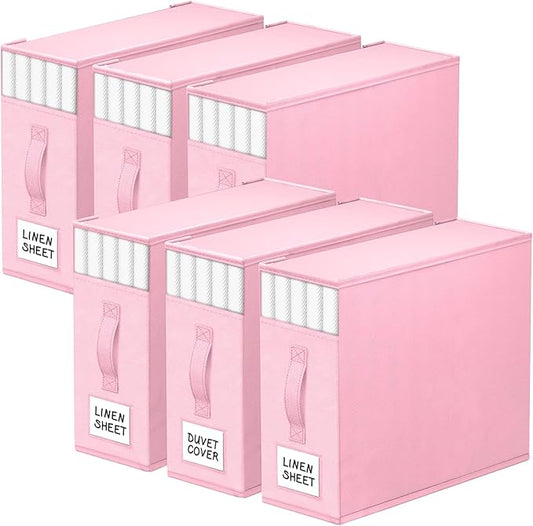 6 Pack Bed Sheet Closet Organizers and Storage,Sturdy Foldable Storage Containers with Window and Label,Storage and Organization for Bedding Sheets,Duvet Covers,Blankets (Pink)