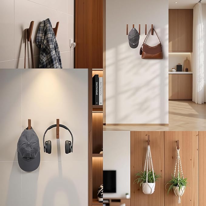 FitraNovay4PcSolid Color Walnut Wall Hooks - Hat and Jacket Hooks for Hanging Hats, Jackets, Backpacks, Towels. A Rustic Style Hook Suitable for Use in Entrances, Bathrooms, Kitchens (Walnut Color)