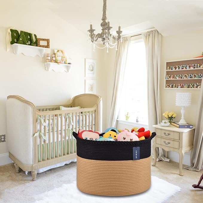 COMSE Extra Large Blanket Basket, Woven Laundry Basket, 21.7âx 13.8â, Nursery Hamper, Cotton Rope Laundry Hamper Living Room for Storage Toys Clothes Towels (Black & Camel)