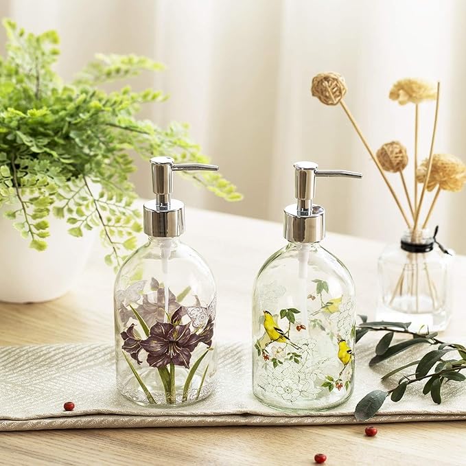 17oz Glass Soap and Lotion Dispenser Bottle with Rust Proof Plastic Pump Refillable Liquid Pump Bottle Great for Kitchen, Bath, Bathroom Accessories, Countertop, Set of 2