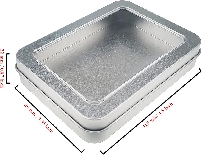 Goodma 12 Pieces Rectangular Empty Metal Tins Home Storage Containers Organizer Mini Box with Clear Window Lid, 4.5 x 3.35 x 0.87 inch (Silver)