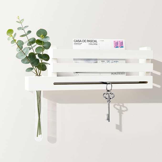 AELS Creamy White Wall Mounted Key Holder with Acrylic Vase & Mail Organizer, Wooden Entryway Key Rack with 5.9" Test Tube Vase, Decorative Key Hanger with Slot for Keys and Letters, Gift Idea