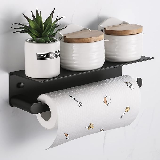 Paper Towel Holder Wall Mount for Kitchen, Self-Adhesive Paper Towel Holder with Shelf for Bathroom, Anti-Rust Aluminum, No Drill or Wall-Mounted with Screws (Black)