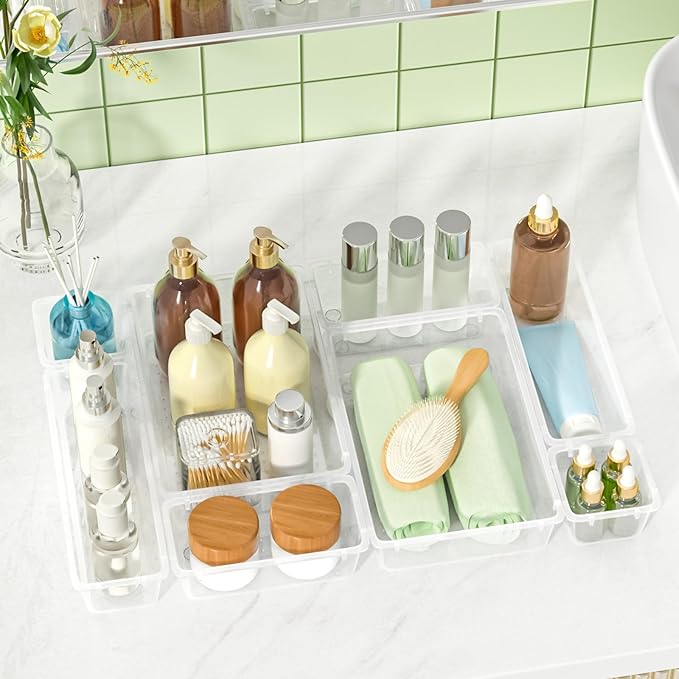 45 PCS Clear Plastic Drawer Organizers Set, 4-Size Versatile Bathroom and Vanity Drawer Organizer Trays, Storage Bins for Makeup, Bedroom, Kitchen Gadgets Utensils and Office