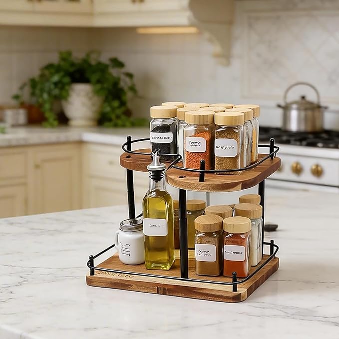 Acacia Wooden Spice Rack Organizer Lazy Susans Rotating Countertop 2 Tiered Display Shelf Kitchen Adjustable Height Spinning Spice Rack 11.8INCH Large Capacity