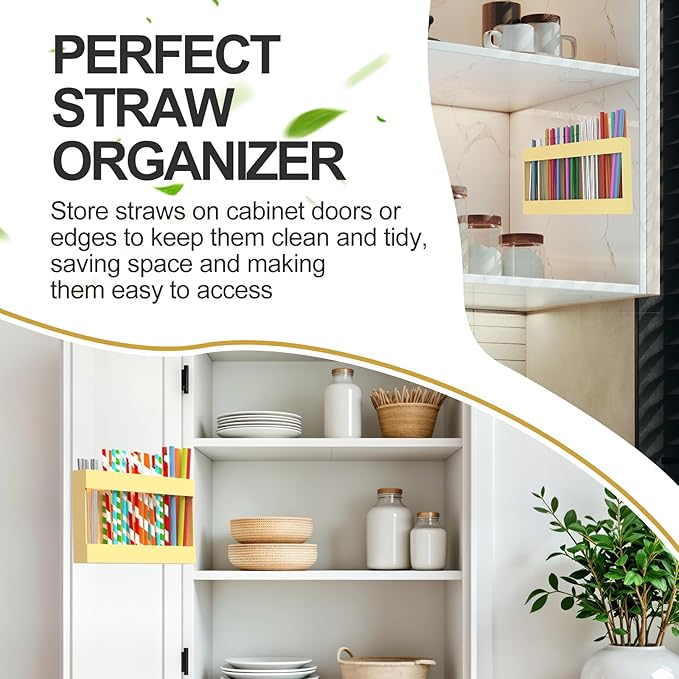 2 Pack 9.5” Large Acrylic Straw Holder for Cabinet Door with Detachable Ultra Sticky Adhesive Squares and Stickers, 2026 Reusable Straws Organizer Storage Dispenser for Kitchen Counter Cupboard