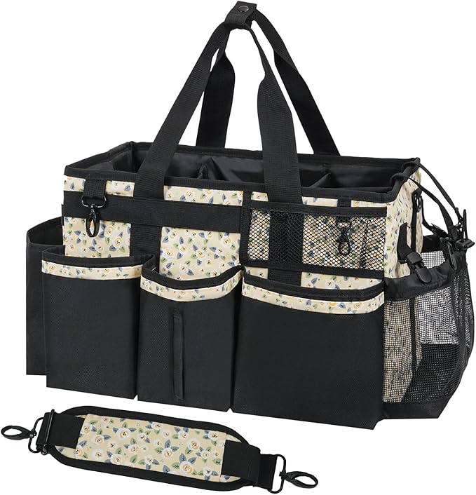 Wearable Cleaning Caddy, Cleaning Caddy Supplies Organizer with Handle & Shoulder Straps for Housekeepers, Under Sink & Car Cleaning Tool Organizers Bag with 4 Foldable Divider (YellowFlower)