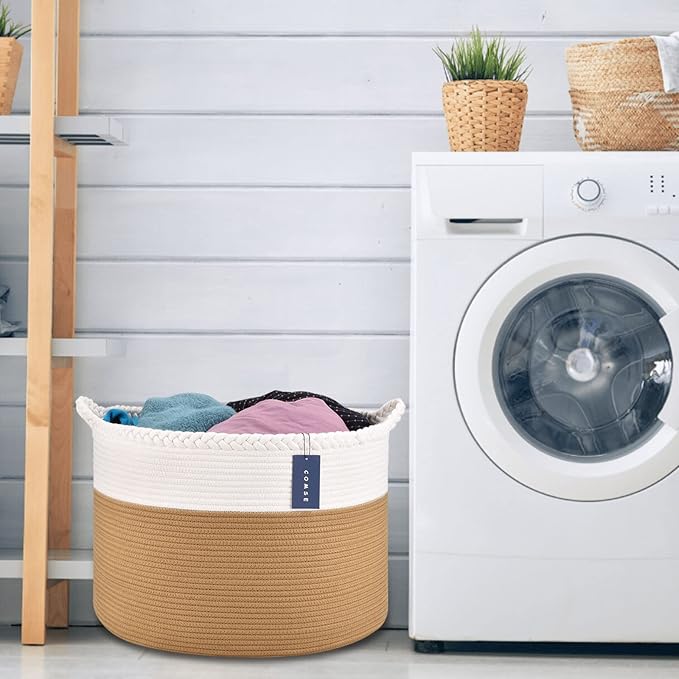 COMSE Extra Large Blanket Basket, Woven Laundry Basket, 21.7âx 13.8â, Nursery Hamper, Cotton Rope Laundry Hamper Living Room for Storage Toys Clothes Towels(White & Camel)