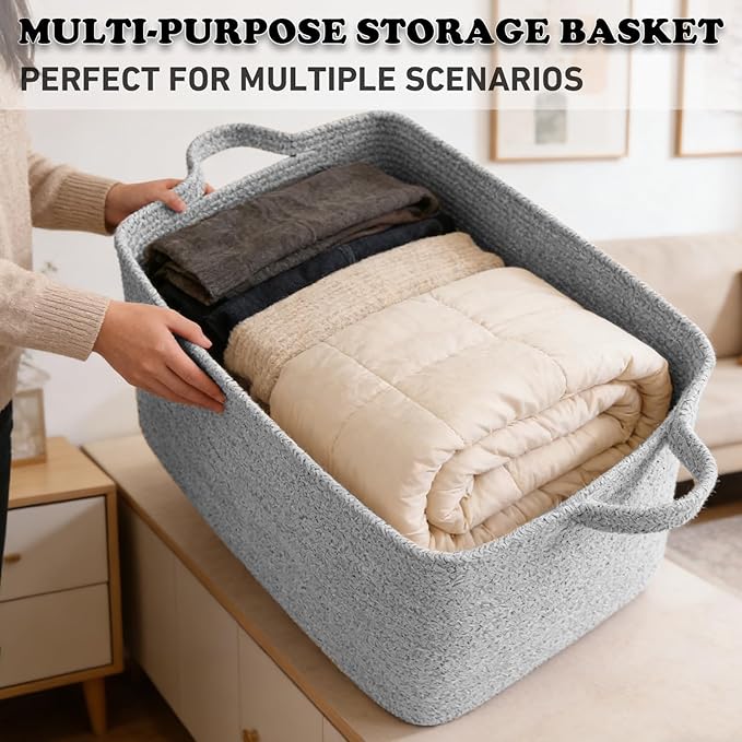 Magazine & Newspaper Baskets,Large Woven Rope Blanket Basket,24"x16"x15"Storage Bin with Handle,Toys Storage,Laundry Basket for Home Organization/Living Room/Nursery/Bedroom,Grey