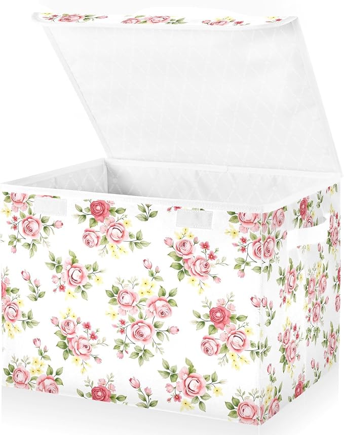 senya Flower Baskets Collapsible Storage Bins with Lids, Pink Rose Flower Floral Storage Boxes Clothes Baskets for Organizing
