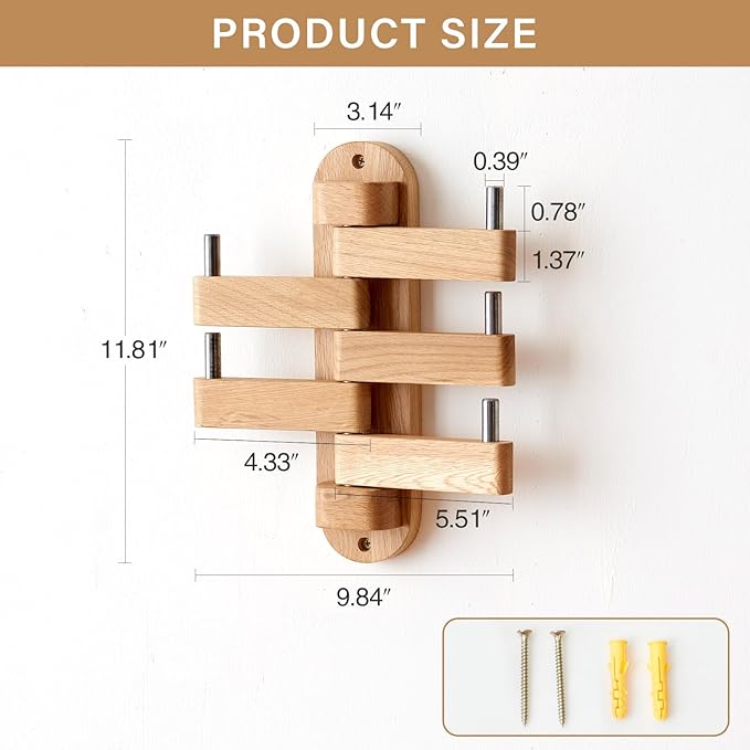 Swivel Coat Rack Oak Coat Hooks, Wood Wall Hooks with 5 Swivel Foldable Arms, 12'' Length Wall Coat Rack Hat Hooks for Bathroom Entryway Bedroom Office Kitchen, Heavy Duty (Natural)