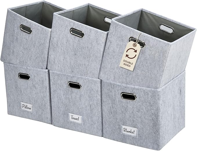DECOMOMO Felt Storage Bins, 13 inch Cube Storage Bins with Labels for Organization (Cube 13" / 6pcs, Silver Grey)