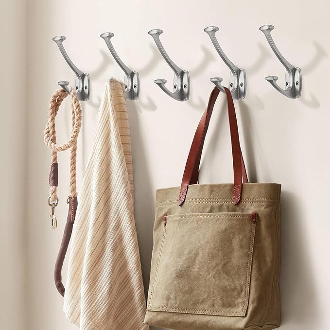 10 Pack Brushed Satin Nickel Hooks Decorative Heavy Duty Solid Large Coat Hooks for Towel Hanging Coats Robe Wall Mounted Towel Bags Door Back Bathroom Wall Hook.