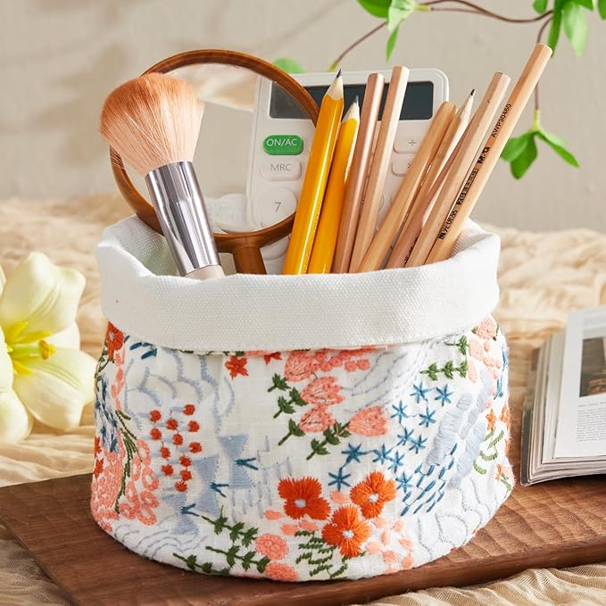 HAUSFRAU Decorative Storage Baskets - Round Embroidered Jacquard Baskets for Home Decor and Organizing - Small Storage Box and Organizer Bins, 6"x6"x6", White Flowersea