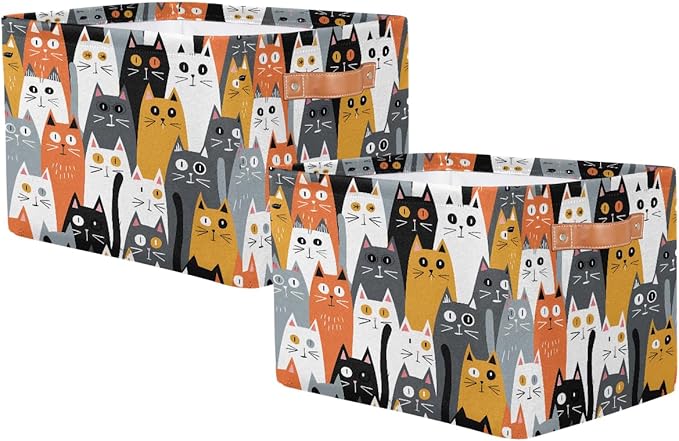 AUUXVA Storage Basket Cute Animal Cat Pattern Storage Cube Box Durable Canvas Collapsible Toy Basket Organizer Bin with Handles for Shelf Closet Bedroom Home Office