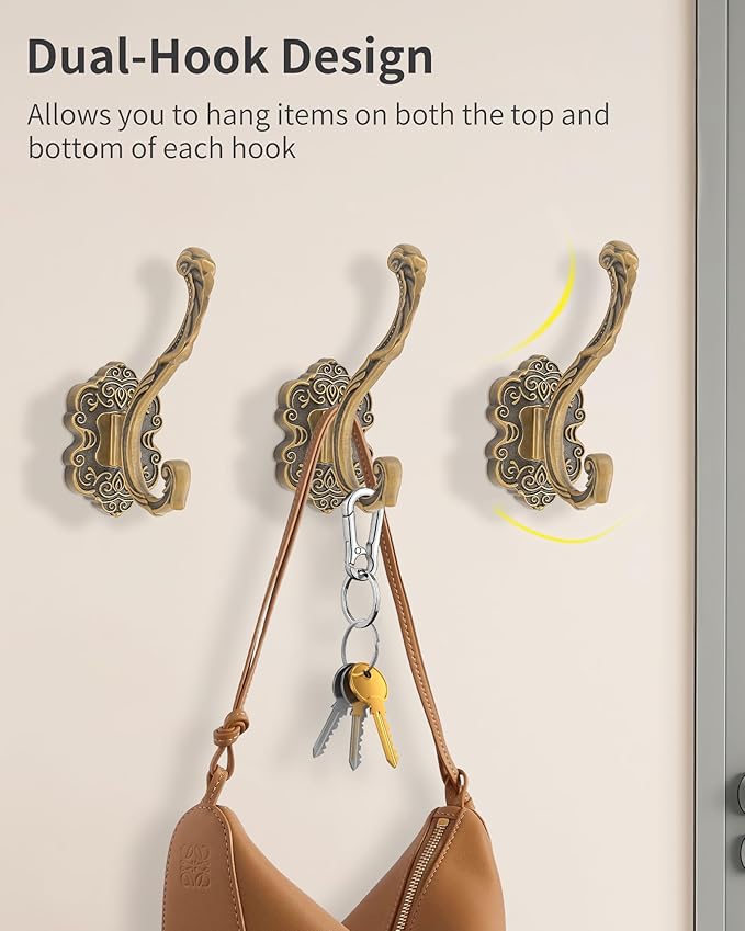 Vintage Coat Hooks Wall Mount, Unique Heavy Duty Wall Hooks for Hanging Towel Key Purse Hat Robe Clothes Decorative Hook for Bathroom Shower Closet Entryway Antique Brass 3 Pack
