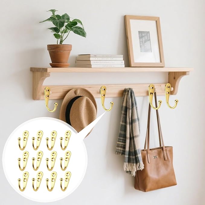 12 Pack Golden Coat Hooks Wall Mounted, Rustproof Zinc Alloy Metal Hooks for Hanging Coats, Heavy Duty Utility Key Holder Hooks with Screws for Bathroom, Entryway, Kitchen, Hat, Towel, Cup, Robe