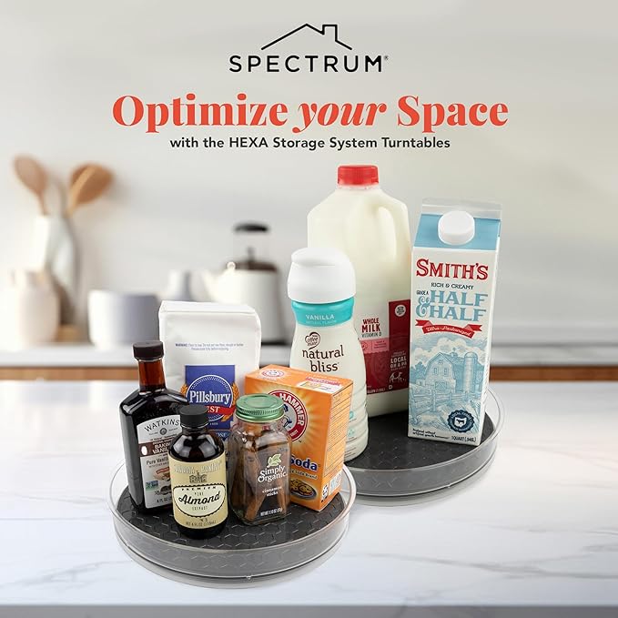 Spectrum Medium Lazy Susan Organizers 9.5 in Pack of 2 for Cabinet Pantry Table Rotating Kitchen Storage Spice Rack Fridge Organization, Charcoal Gray Spinning Turntable for Sauces Jams Condiments