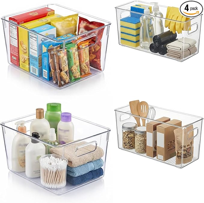 MOONEDGE 4 Pack Modular Clear Plastic Storage Organizer Bins â 2 Large & 2 Narrow, Nestable Space-Saving System for Pantry & Kitchen Storage, Fridge, Bathroom & Cabinet
