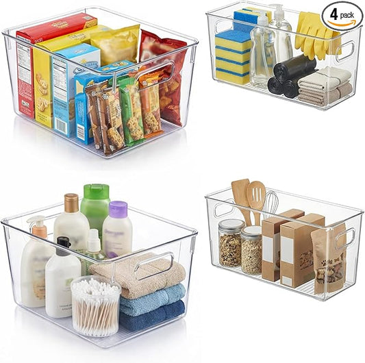 MOONEDGE 4 Pack Modular Clear Plastic Storage Organizer Bins â 2 Large & 2 Narrow, Nestable Space-Saving System for Pantry & Kitchen Storage, Fridge, Bathroom & Cabinet